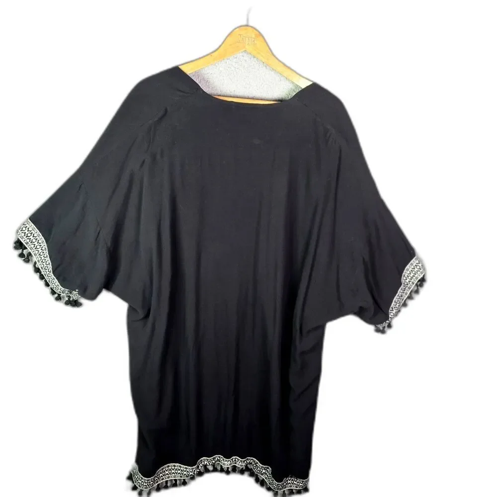 H&M Coachella Open Front Black Tassel Trim Festival Cover Up L Boho